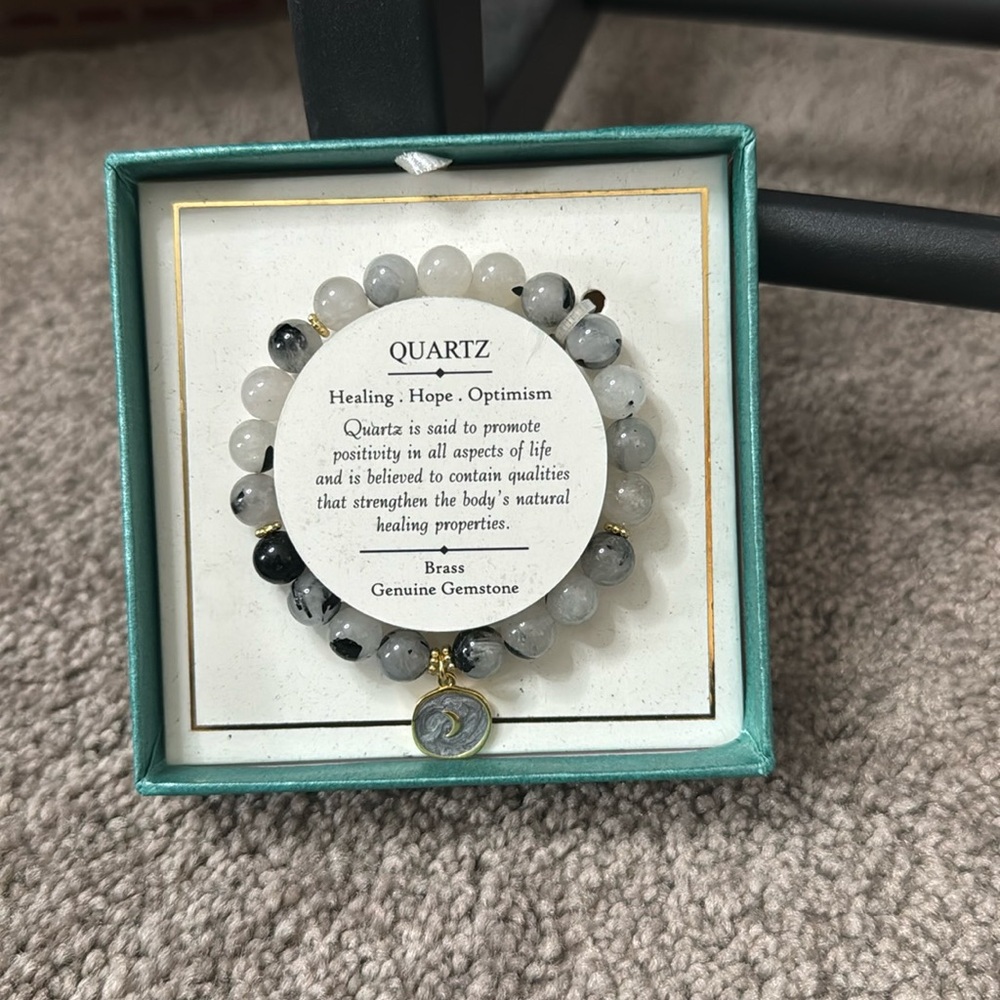 Shivam Quartz Brass Beaded Bracelet Gemstone Stretch Charm Healing Stone NWT